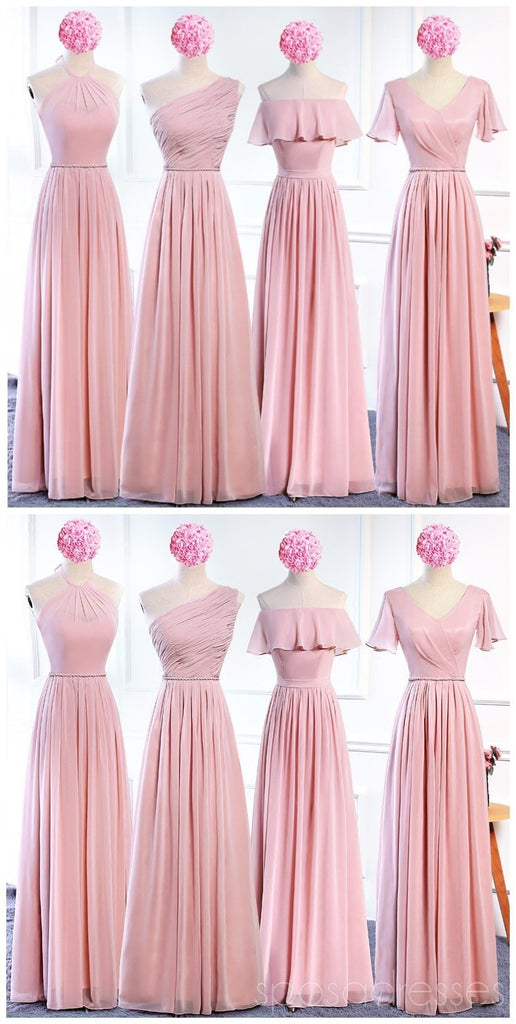 Robe de demoiselle d'honneur en mousseline de soie rose pâle à longueur de plancher abordable, WG536