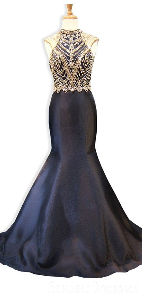 Black Open Back Perlen Mermaid Long Evening Prom Kleider, Günstige Custom Sweet 16 Kleider, 18529