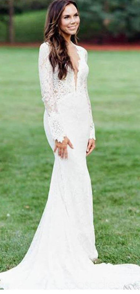 Long Sleeves Lace Mermaid Open Back Sexy Wedding Dresses Online, Cheap Lace Bridal Dresses, WD474