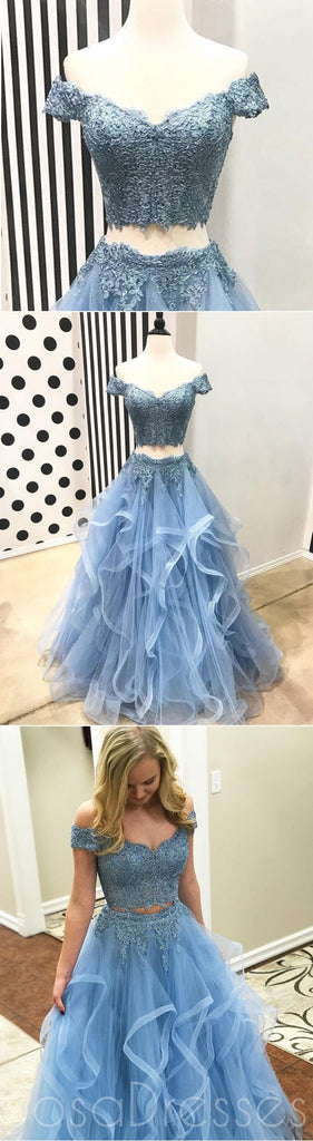 Off Shoulder Short Sleeve Two Pieces Light Blue Lace Long Custom Evening Prom Dresses, 17440