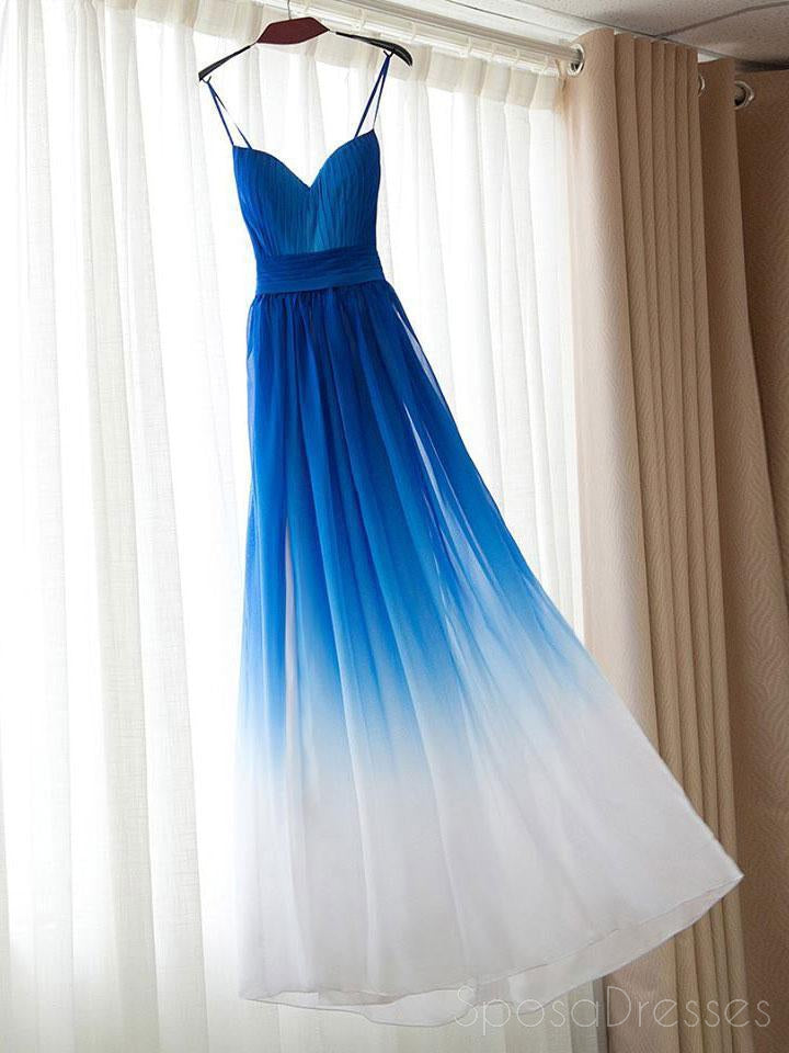 Ombre Blue Chiffon Sweetheart Neckline Long Evening Prom Dresses, Popular Cheap Long Custom Party Prom Dresses, 17314