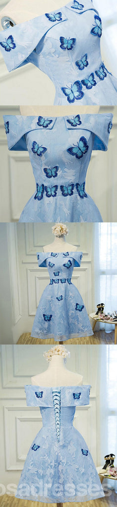 Bleu Dentelle Hors de l'Épaule Droite Décolleté Broderie Papillon de Tulle à Manches Homecoming Robes de Bal Abordables Partie Courte de Bal Sweet 16 Robes, Parfait Homecoming Robes de Cocktail, CM362