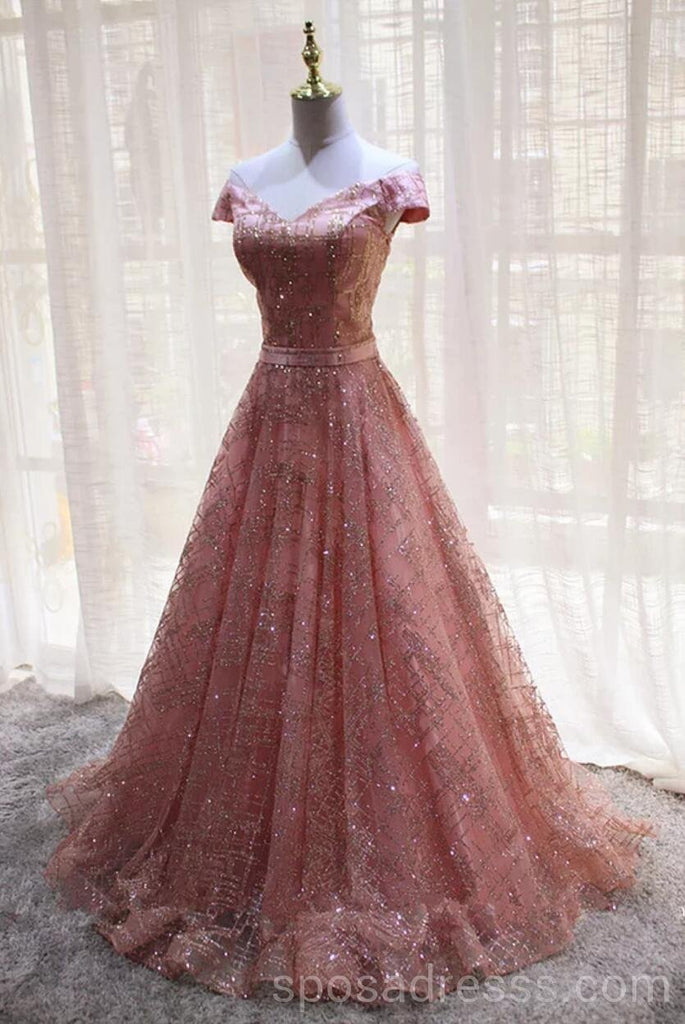 Off Shouly Sparkly Pink A-line Long Tarde Vestidos De Graduación, Barato Custom Sweet 16 Vestidos, 18542