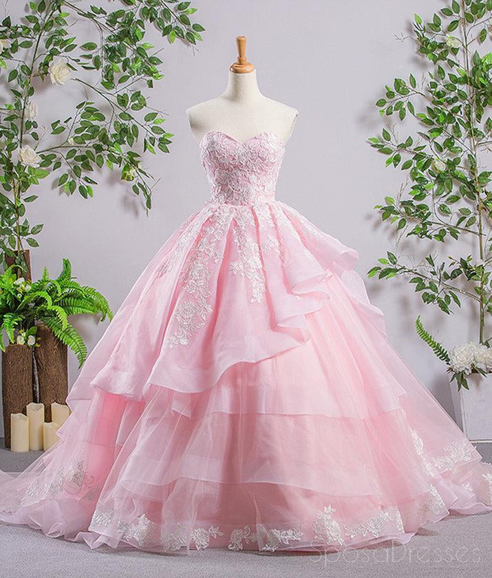 Sweetheart Pink A-line Lace Cheap Evening Prom Dresses, Sweet 16 Dresses, Quinceanera Dresses, 17488