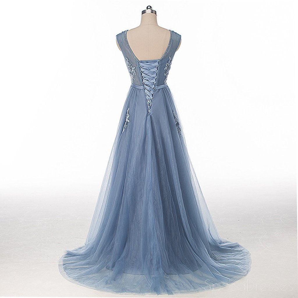 Spitze Perlen Dusty Blue Scoop Ausschnitt Abend Prom Kleider, lange sexy Party Prom Kleid, benutzerdefinierte lange Prom Kleider, billige formelle Prom Kleider, 17134