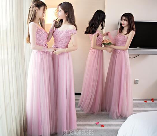 Vestidos de dama de honor largos de tul de encaje rosa, vestidos de dama de honor largos personalizados no coincidentes, vestidos de dama de honor baratos, BD002