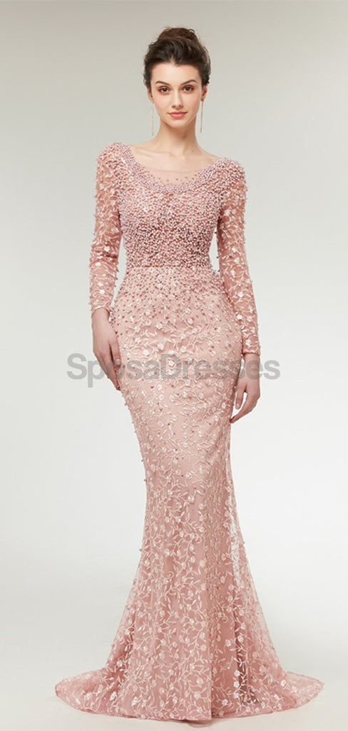 Long Sleeves Lace Mermaid Peach Evening Prom Dresses, Evening Party Prom Dresses, 12020