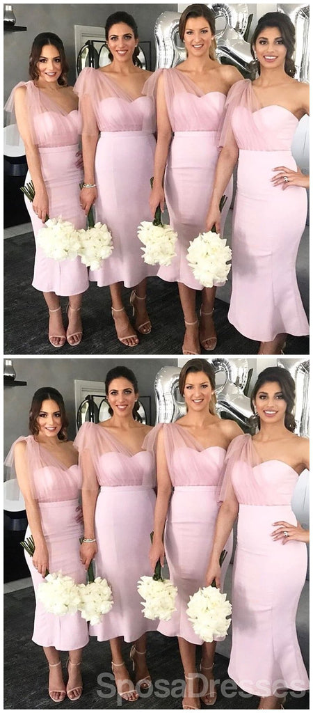 One Shoulder Pink Mermaid Short Cheap Bridesmaid Dresses Online, WG654