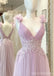 Cute Pink A-line V-neck Cheap Maxi Long Prom Dresses Online,13238