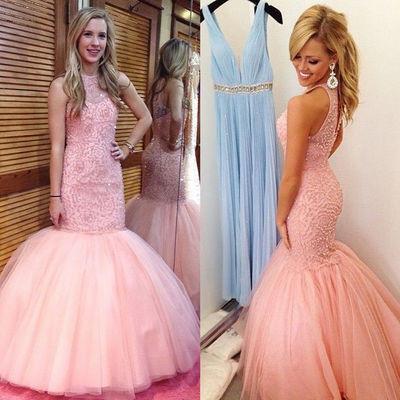 Navy Beaded Halter Mermaid Evening Prom Dresses, 2017 Long Blush Pink Party Prom Dress, Custom Long Prom Dresses, Cheap Formal Prom Dresses, 17074