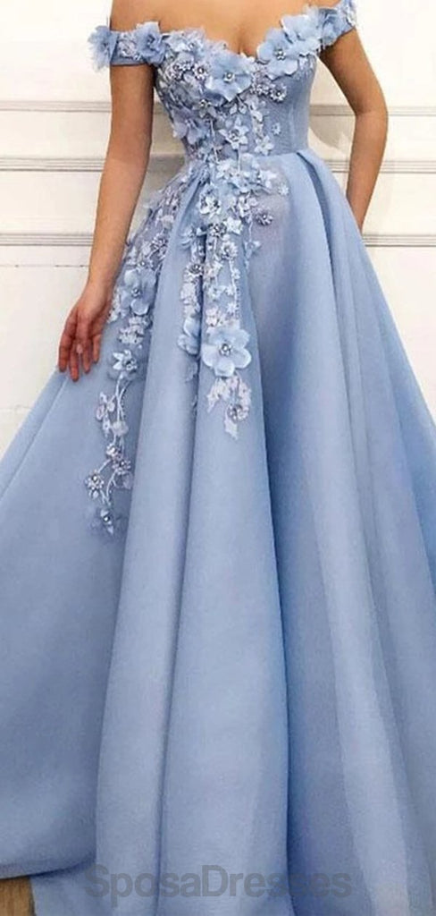 Off Shoulder Handmade Flower Blue Cheap Long Evening Prom Dresses, Evening Party Prom Dresses, 12151