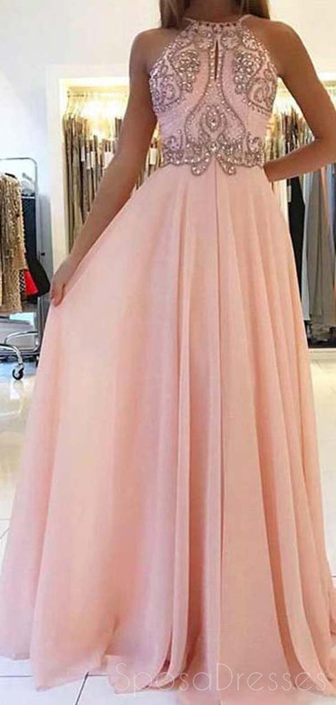 Blush Pink Halter Beaded Chiffon Long Evening Prom Dresses, Cheap Sweet 16 Dresses, 18349