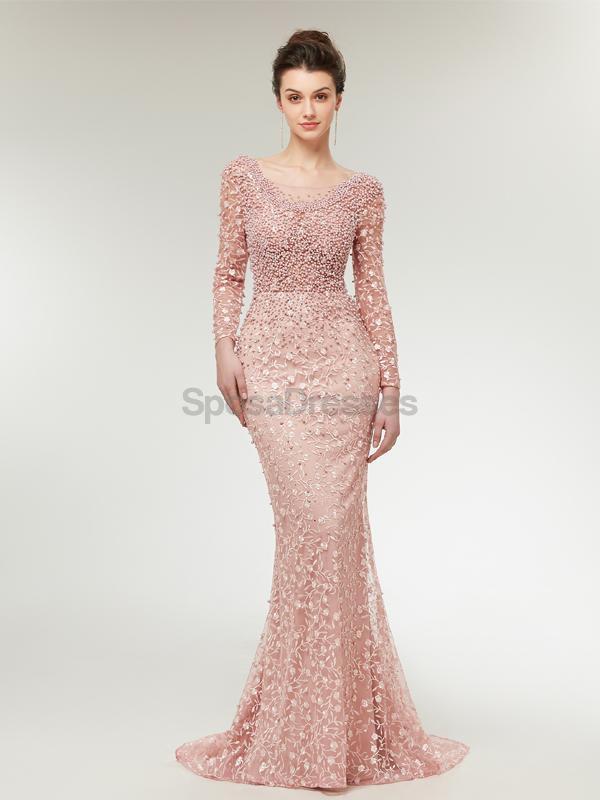 Manches longues Dentelle Mermaid Peach Evening Prom Robes, Robes de bal soirée, 12020