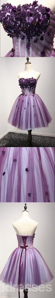 Purple Strapless Lace Homecoming Prom Dresses, Cheap Homecoming Dresses, CM214