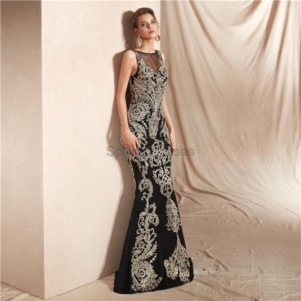 Black Lace Beaded Scoop Mermaid Evening Prom Φορέματα, Evening Party Prom Φορέματα, 12070