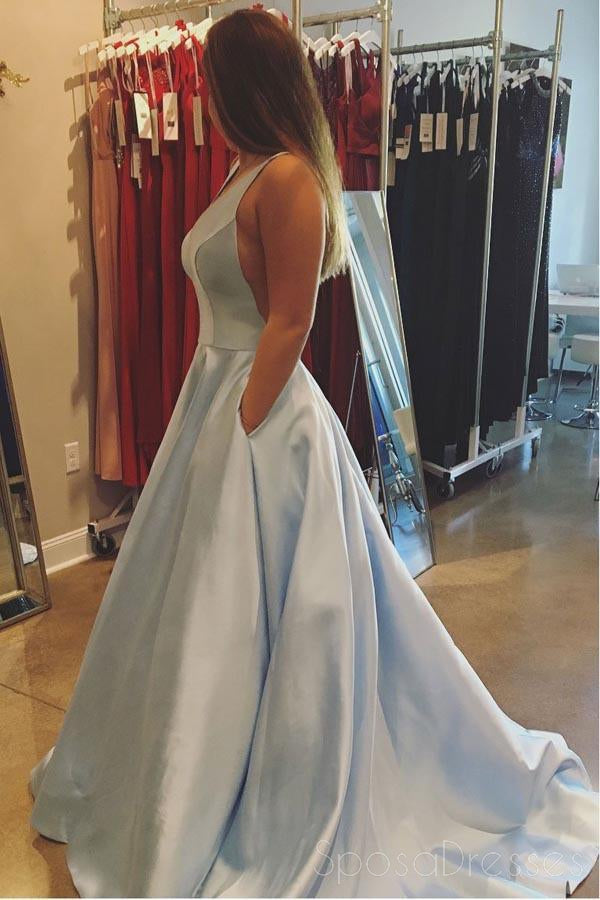 Affordable Simple V Neck A line Light Blue Satin Long Evening Prom Dresses, 17463