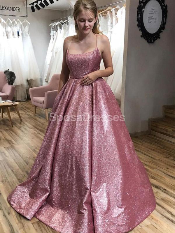 Sexy Backless Spaghetti Straps Pink Glitter Long Evening Prom Dresses, Evening Party Prom Dresses, 12284