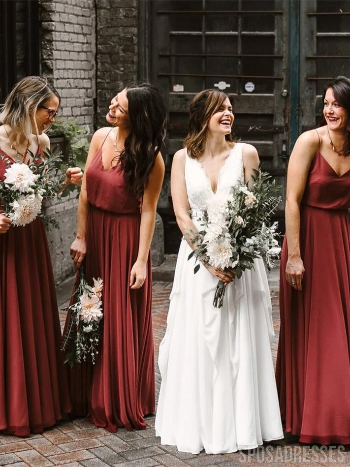 Spaghetti Straps Sleeveless Rust Red Long Bridesmaid Dresses Online, WG740