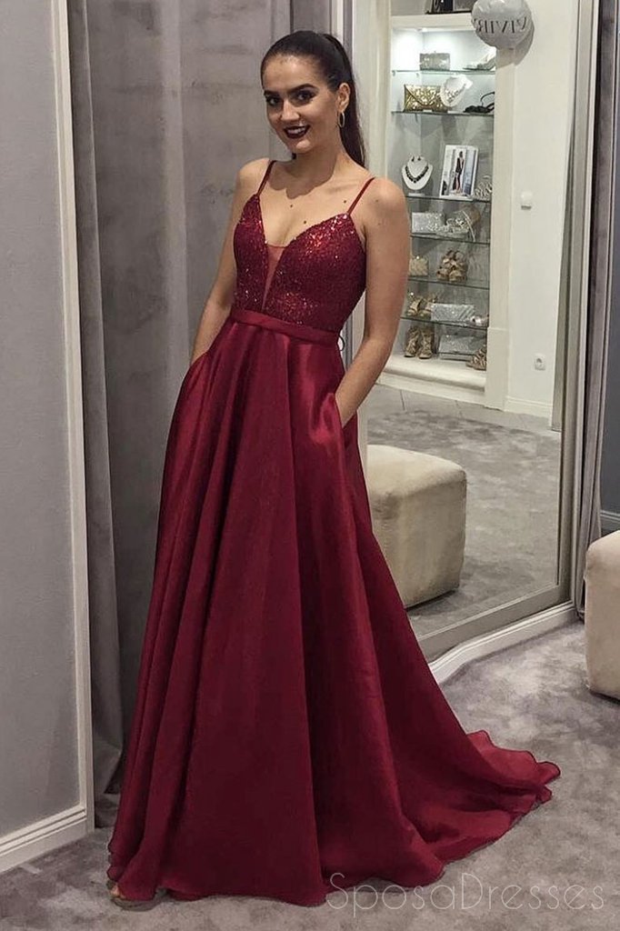 Spaghetti Straps Dark Red Sequin Long Evening Prom Dresses, Party Custom Prom Dresses, 18636