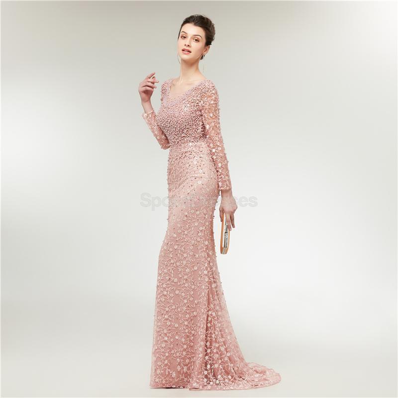 Manches longues Dentelle Mermaid Peach Evening Prom Robes, Robes de bal soirée, 12020