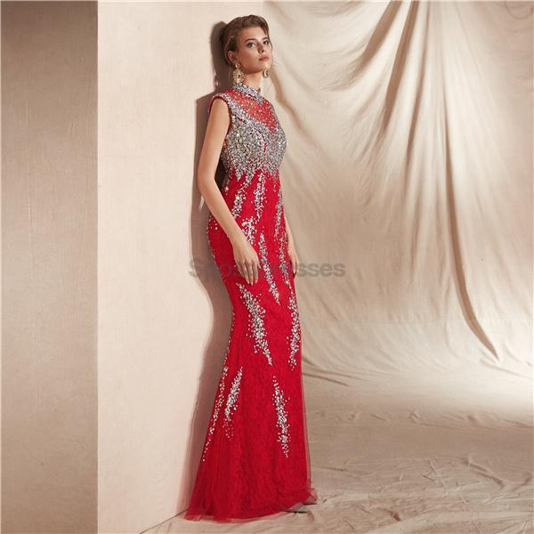 Vestidos de fiesta de noche de sirena con cuello alto rojo con cuentas, vestidos de fiesta de noche, 12071