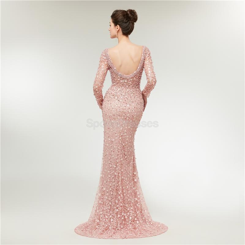 Long Sleeves Lace Mermaid Peach Evening Prom Dresses, Evening Party Prom Dresses, 12020