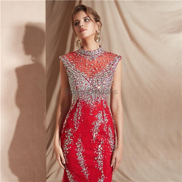 Vestidos de fiesta de noche de sirena con cuello alto rojo con cuentas, vestidos de fiesta de noche, 12071