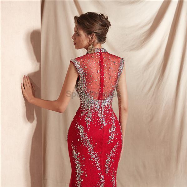 Vestidos de fiesta de noche de sirena con cuello alto rojo con cuentas, vestidos de fiesta de noche, 12071