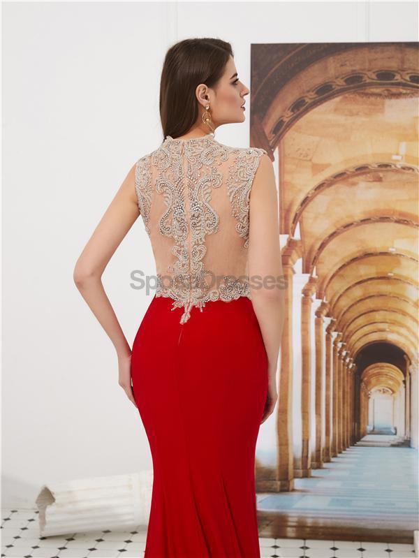 Boné Mangas Red Beaded Sereia See Through Evening Prom Vestidos, Evening Party Prom Vestidos, 12087