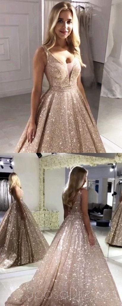 V Neck Sparkly Sequin A-line Μακρά βραδινά φορέματα με τσέπες, φθηνά φορέματα Prom Custom Party, 18606