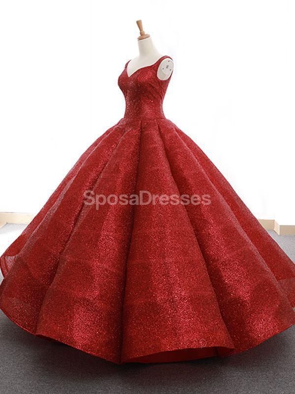 Red V Neck Sparkly Ball Gown Evening Prom Dresses, Evening Party Prom Dresses, 12264