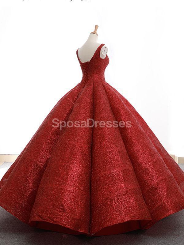 Red V Neck Sparkly Ball Gown Evening Prom Dresses, Evening Party Prom Dresses, 12264