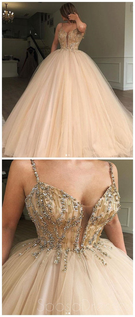 Spaghetti Straps Beaded Ball Gown Tulle Cheap Long Evening Prom Dresses, Custom Sweet16 Dresses, 18412