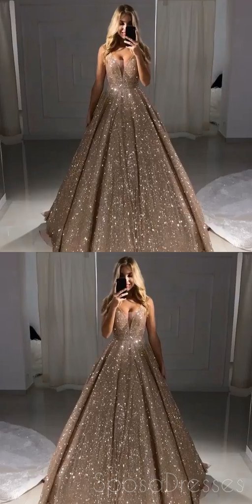 V Neck Sparkly Sequin A-line Long Evening Prom Dresses With Pockets, Cheap Custom Party Prom Dresses, 18606