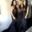 Black Lace Halter Mermaid Sexy Long Affordable Bridesmaid Dresses, WG25