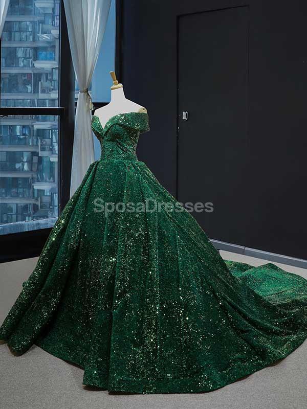 Off Shoulder Emerald Green Sequin Long Evening Prom Dresses, Evening Party Prom Dresses, 12234