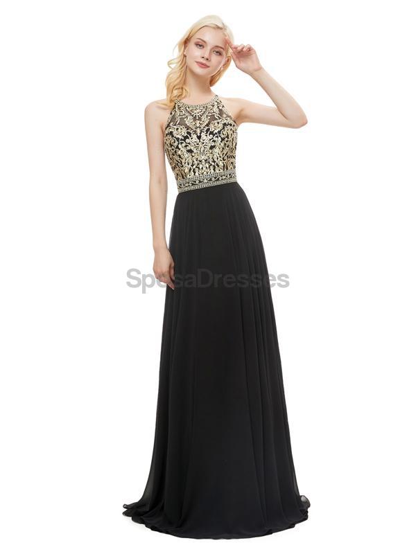 Black Chiffon Gold Lace Beaded Evening Prom Dresses, Evening Party Prom Dresses, 12053