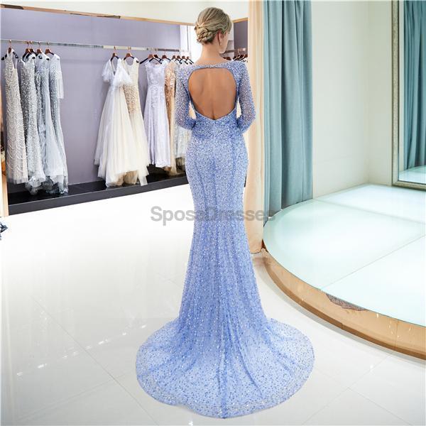 Mangas compridas Azul Fortemente Beaded Mermaid Evening Prom Dresses, Evening Party Prom Dresses, 12057