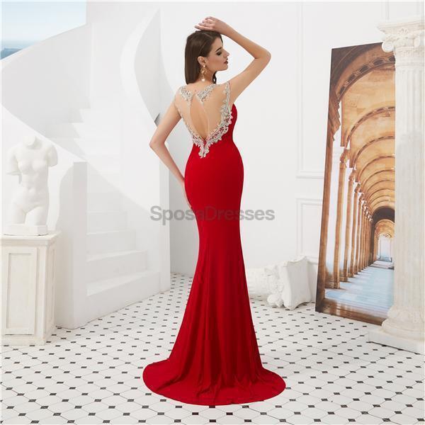 Cap Sleeves Red Beaded Mermaid Evening Prom Dresses, Evening Party Prom Dresses, 12086