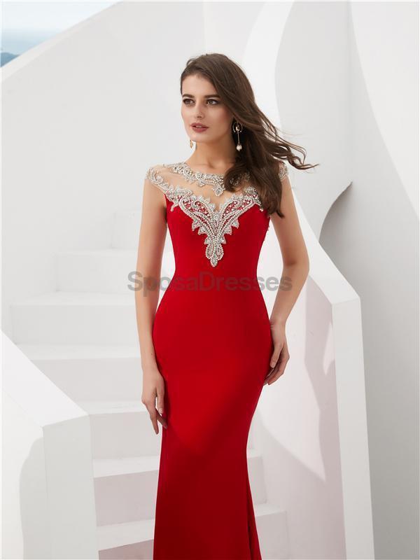 Cap Sleeves Red Beaded Mermaid Evening Prom Dresses, Evening Party Prom Dresses, 12086