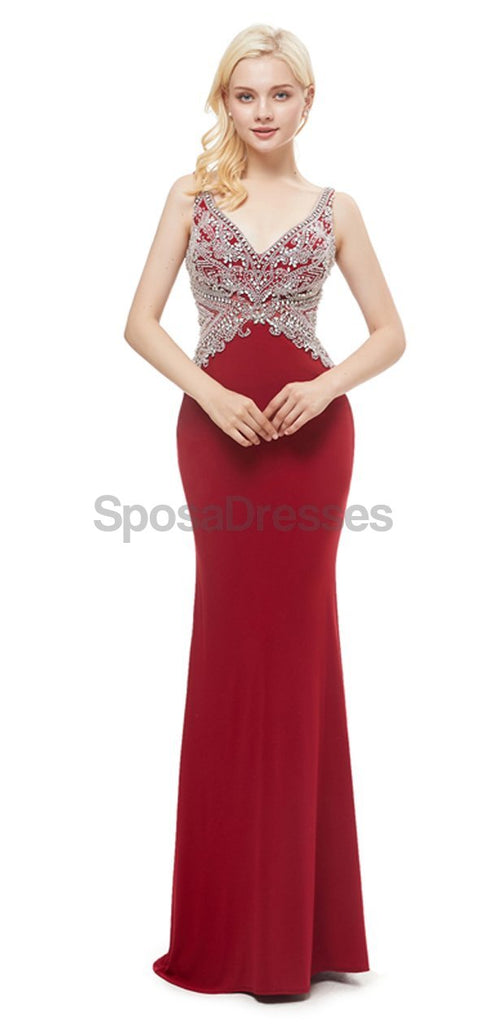 V Neck Red Mermaid Beaded Evening Prom Dresses, Evening Party Prom Dresses, 12055