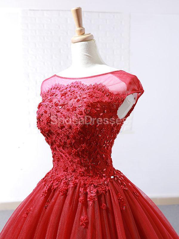 Cap Sleeves Ruffles Red Ball Gown Evening Prom Dresses, Evening Party Prom Dresses, 12265