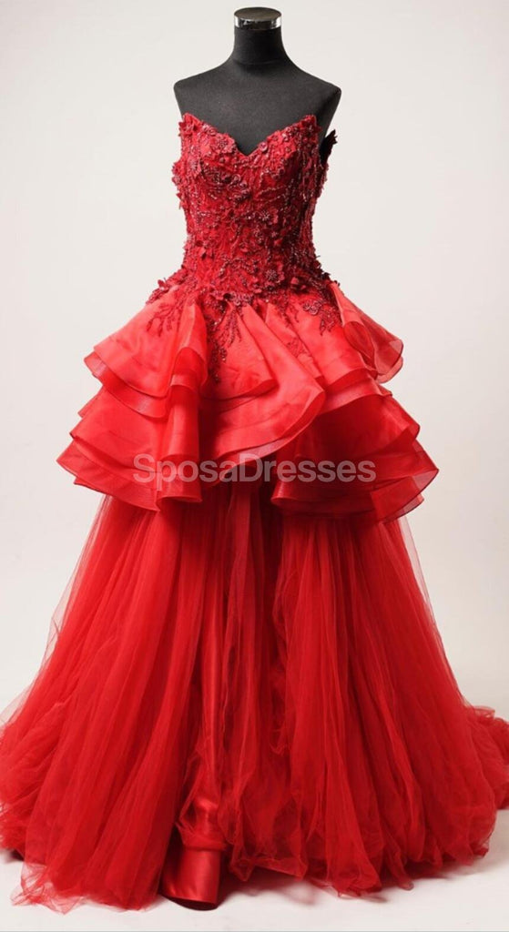 Red Lace Beaded Ruffles A-line Long Evening Prom Dresses, Evening Party Prom Dresses, 12306