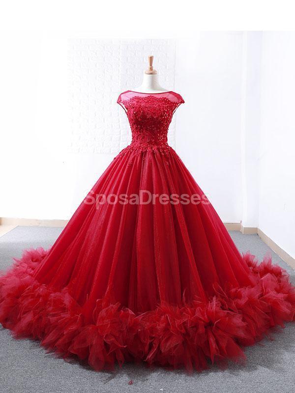 Mangas de boné Ruffles Red Ball Gown Vestidos de Baile de Formatura, Vestidos de Baile de Festa da Noite, 12265