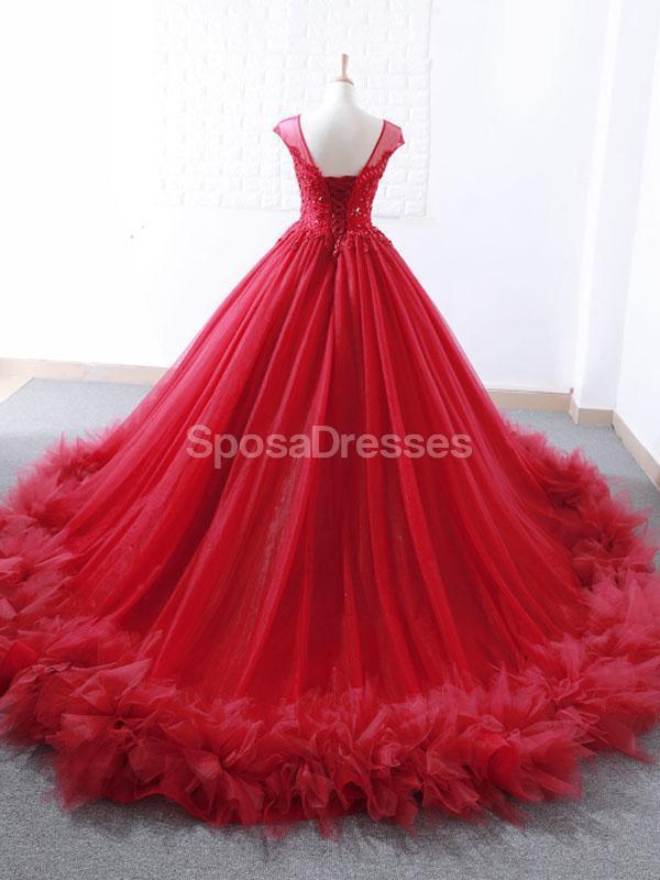 Cap Sleeves Ruffles Red Ball Gown Evening Prom Dresses, Evening Party Prom Dresses, 12265