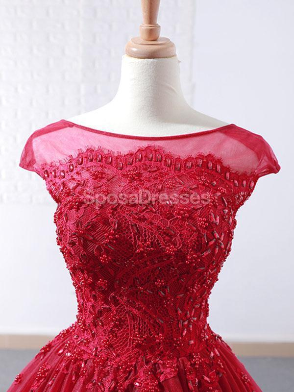 Cap Sleeves Ruffles Red Ball Gown Evening Prom Dresses, Evening Party Prom Dresses, 12265