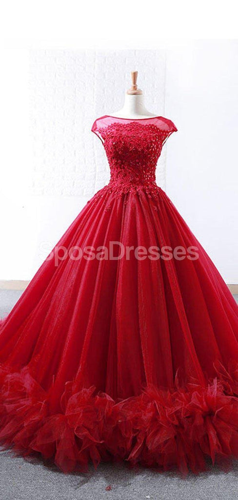 Mangas de boné Ruffles Red Ball Gown Vestidos de Baile de Formatura, Vestidos de Baile de Festa da Noite, 12265