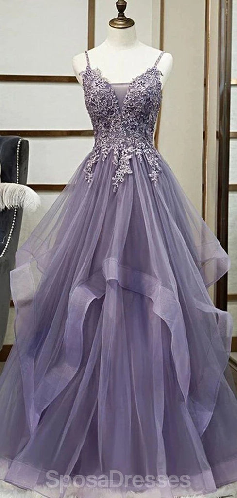 Grey Purple Ruffles Lace Beaded Long Cheap Evening Prom Dresses, Evening Party Prom Dresses, 12335