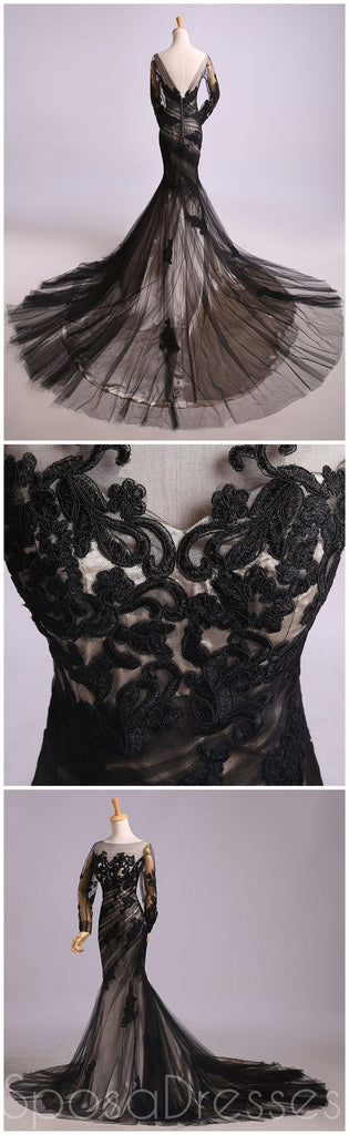 Long Sleeves Black Lace Mermaid Long Evening Prom Dresses, Cheap Sweet 16 Dresses, 18436