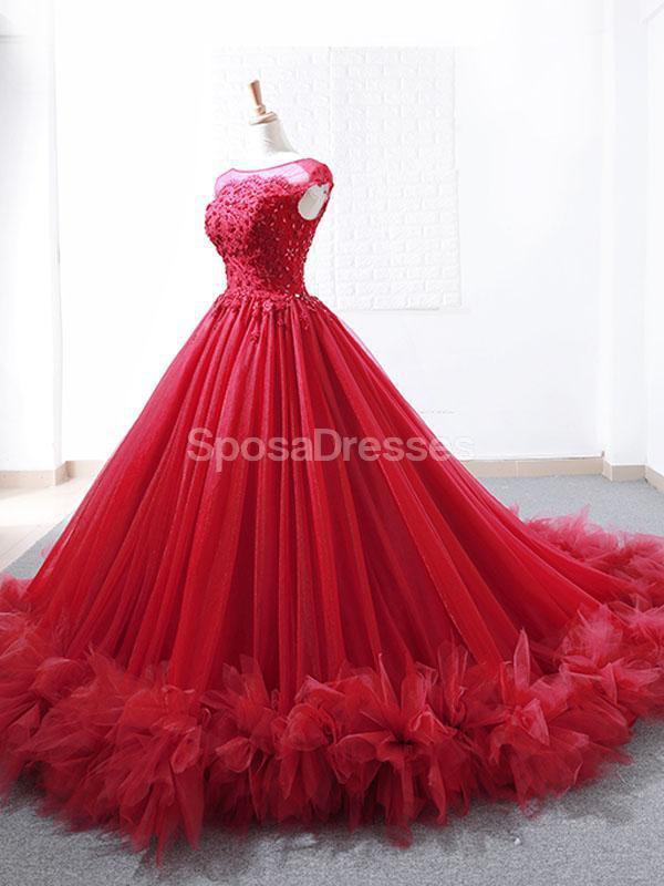 Mangas de boné Ruffles Red Ball Gown Vestidos de Baile de Formatura, Vestidos de Baile de Festa da Noite, 12265